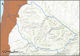 Mapa da Bacia Hidrográfica da Ribeira de Seixe com a secção pertencente ao parque natural da orla costeira a castanho.